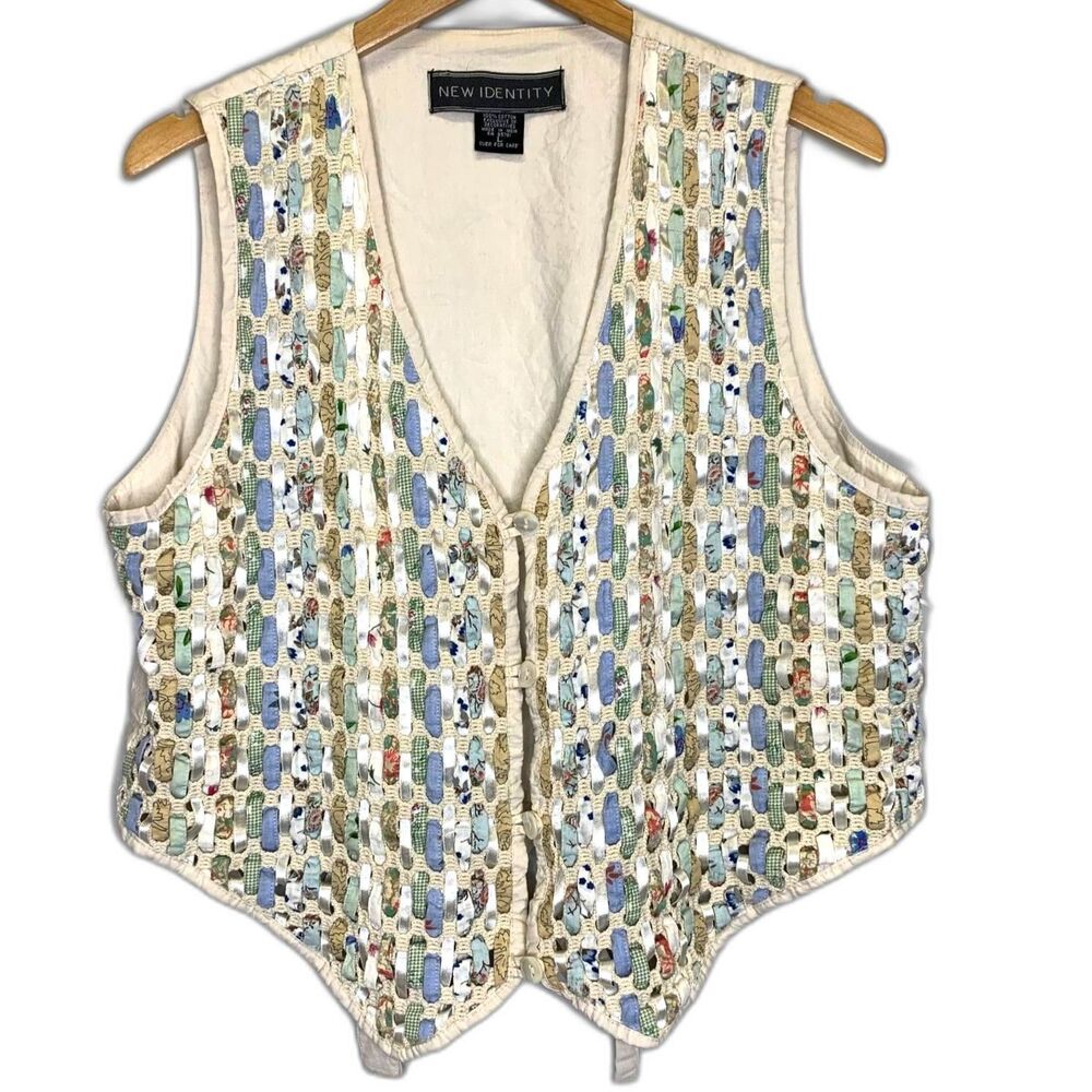 Women VTG New Identity Ribbon Vest Cottagecore Whimsy Basketweave Large‎